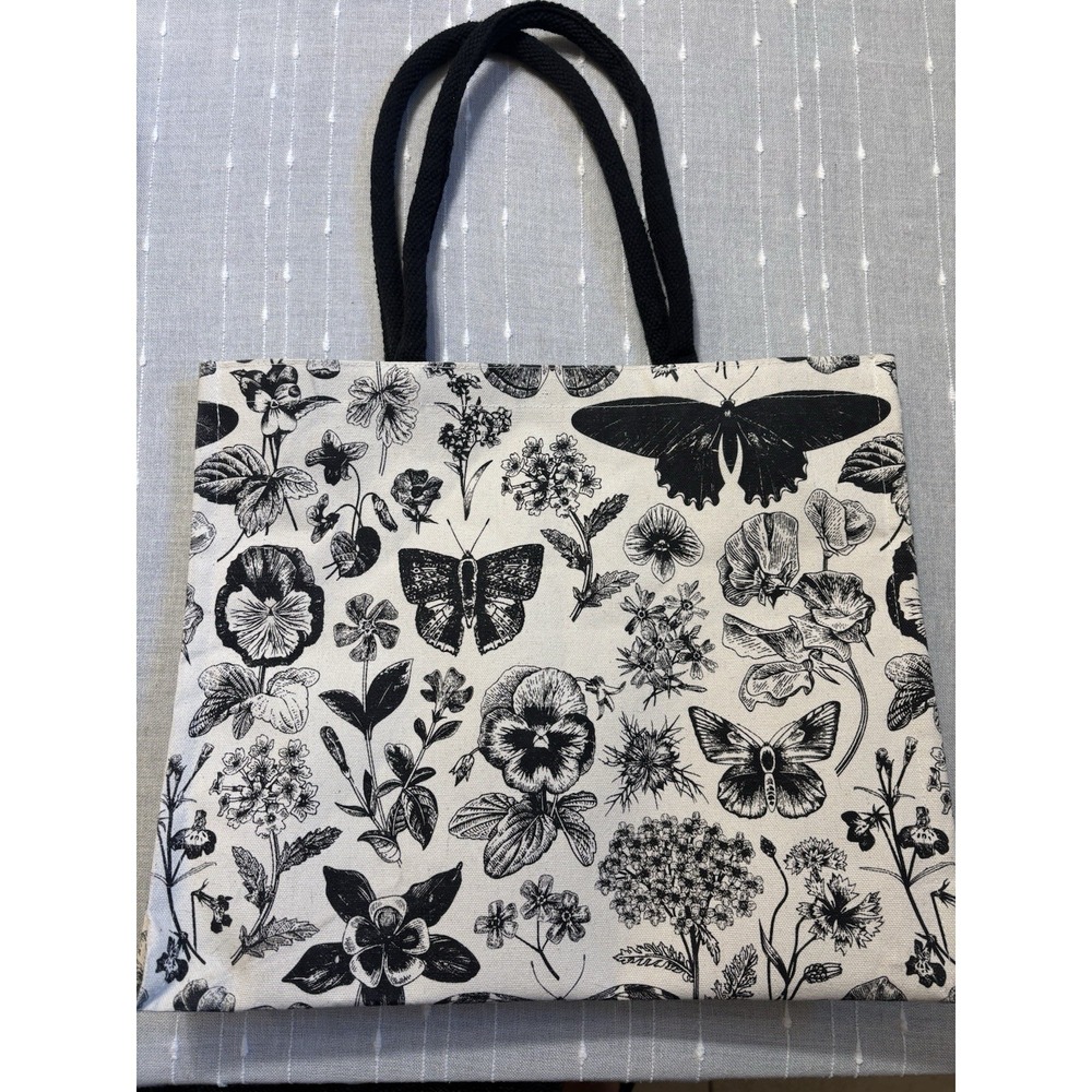 Beautiful Black & Cream Thick Canvas Tote Book Bag With Rope Handles Butterfly